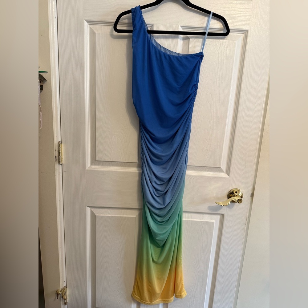 Runaway the Label Blue Green Yellow Ombre One-Shoulder Dress (size Medium) - Picture 2 of 8